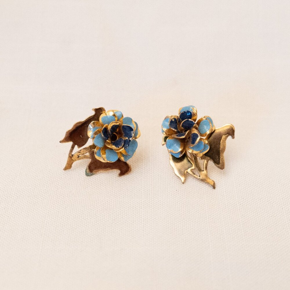 Gold and Blue Painted Metal Floral Screw-Back Earrings, Non-Pierced